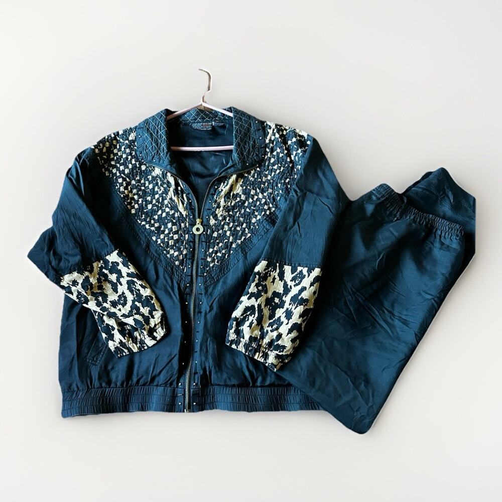 Mureli Rousso 100% Silk Leopard Print Tracksuit Set Jacket Pants Vintage 80s 90s